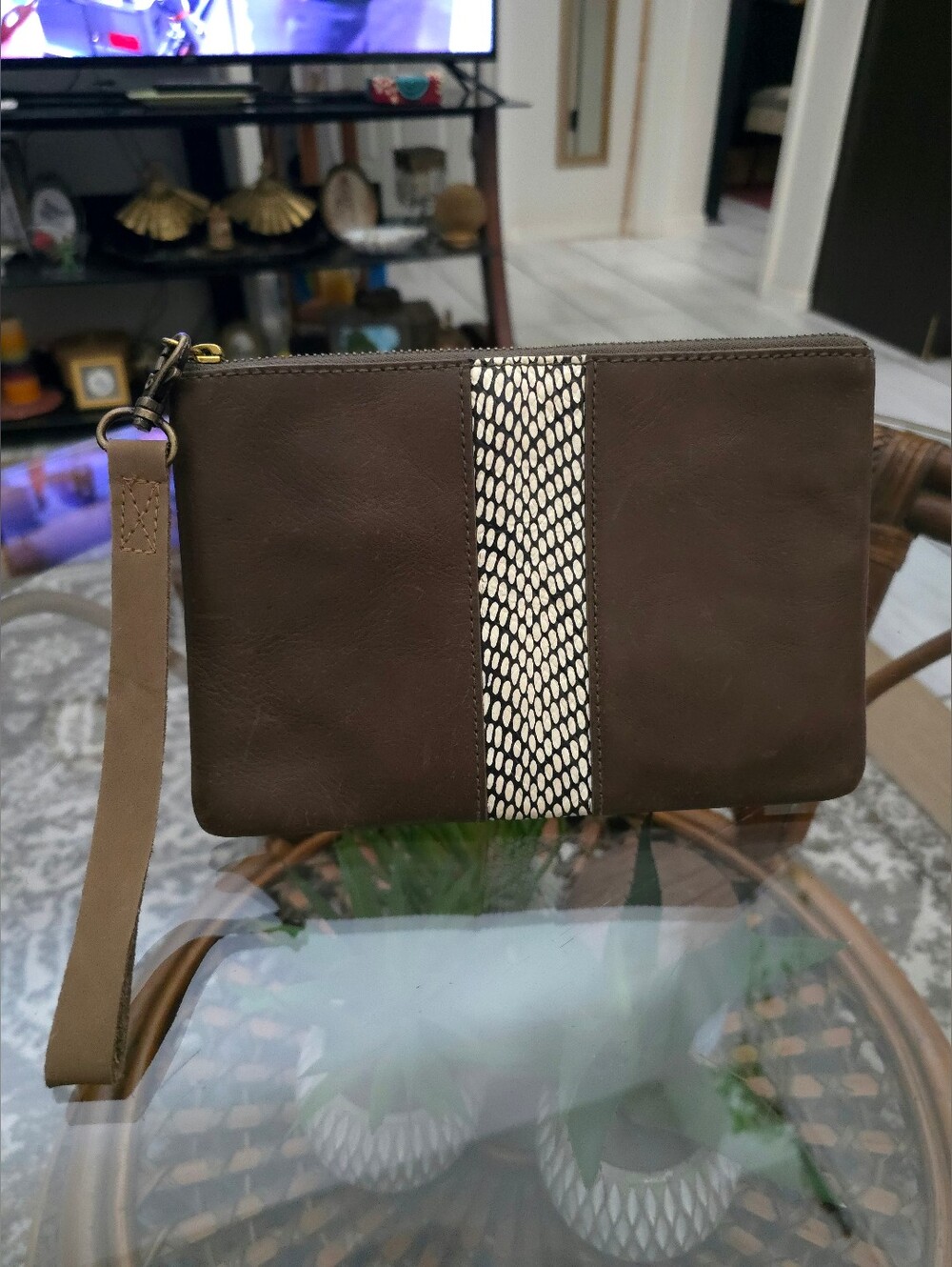 Madewell Leather Wristlet Clutch in Dark Brown with Ivory Snake-Print Accent
